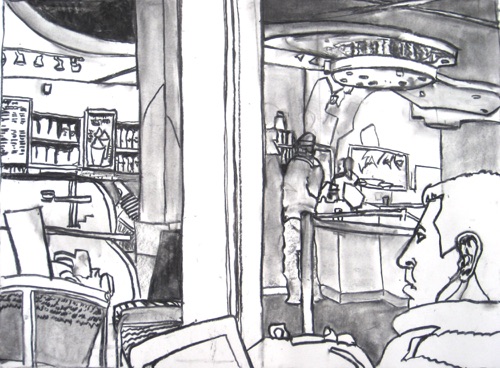 After Work #3 Starbucks Astor Place; 
Willow Charcoal/Paper, 2014; 
18 x 24 in.